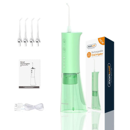 Packaging du jet dentaire pour gencive sensible en vert avec 4 buses de rechange, câble d'alimentation et manuel d'utilisation