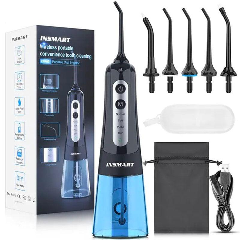 Brosse hydrojet dentaire - INSMART 3GX Bleu - Packaging contenant 5 buses + sac de transport + câble de recharge - MonHydropulseur.fr