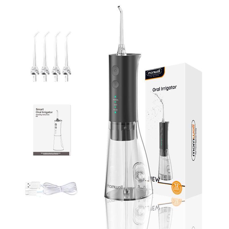 Packaging du Hydrojet dents en noir pour gencive sensible avec 4 buses de rechange, câble d'alimentation et manuel d'utilisation