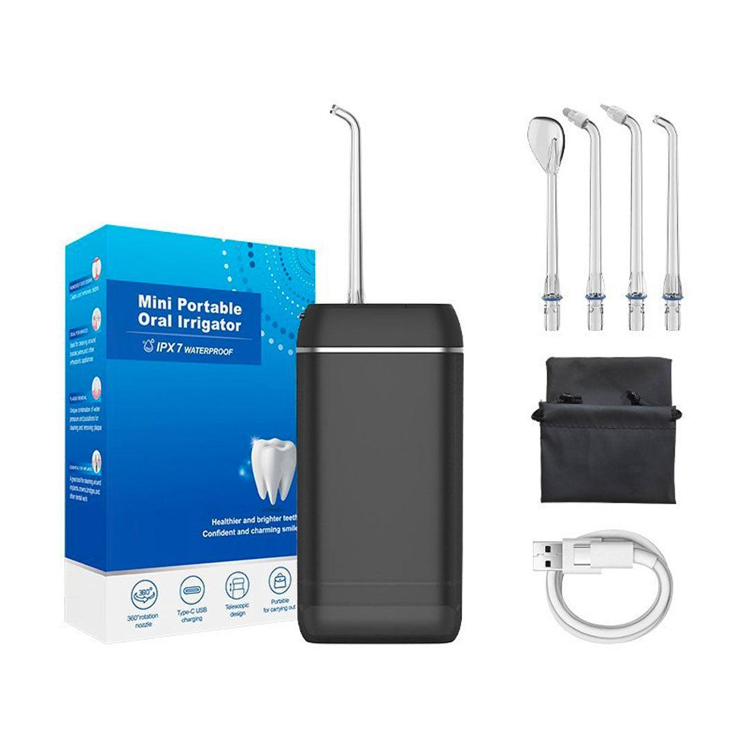 Hydropulseur_Dentaire_de_Voyage - Oral Irrigator Mini v2 Noir - 4 buses - câble usb C - sac de transport - monhydropulseur.fr