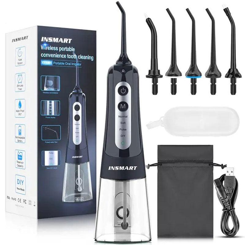 Hydropulseur jet dentaire portable - INSMART 3GX Blanc - Packaging contenant 5 buses + sac de transport + câble de recharge - MonHydropulseur.fr