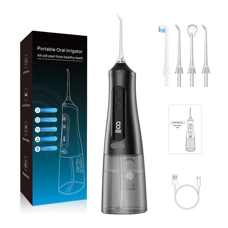 Hydropulseur jet dentaire portable rechargeable - Oral Irrigator M131 Noir - Packaging contenant 4 buses, un mode d'emploi et un câble de recharge -MonHydropulseur.fr