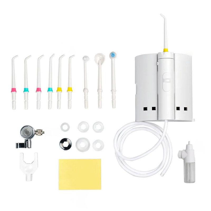 Hydropulseur jet dentaire puissant- Oral Irrigator XS4 - kit universel aérateur robinet - 10 buses inclus - mini réservoir de bain de bouche inclus - patch de fixation inclus - monhydropulseur.fr