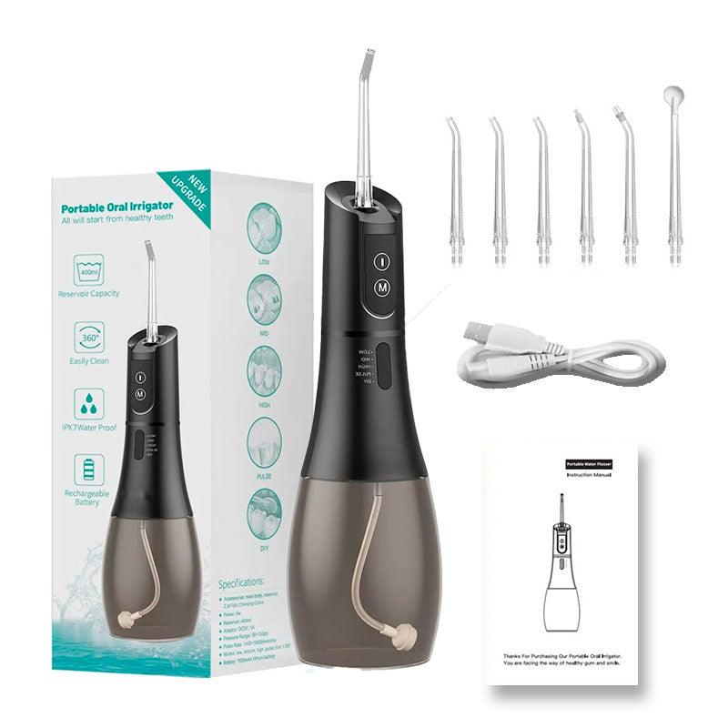 Hydropulseur jet dentaire sans fil- Oral Irrigator F138 Noir - Packaging - 6 buses - Un câble d'alimentation - Un mode d'emploi - MonHydropulseur.fr