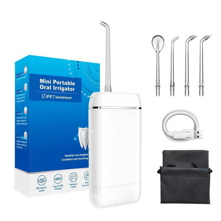 Hydropulseur voyage - Oral Irrigator Mini v2 Blanc - 4 buses - câble usb C - sac de transport - monhydropulseur.fr