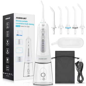 Hydropulseur dentaire sans fil - INSMART 3GX Blanc - 6 buses. - un sace de transport - un câble de recharge USB - monhydropulseur.fr