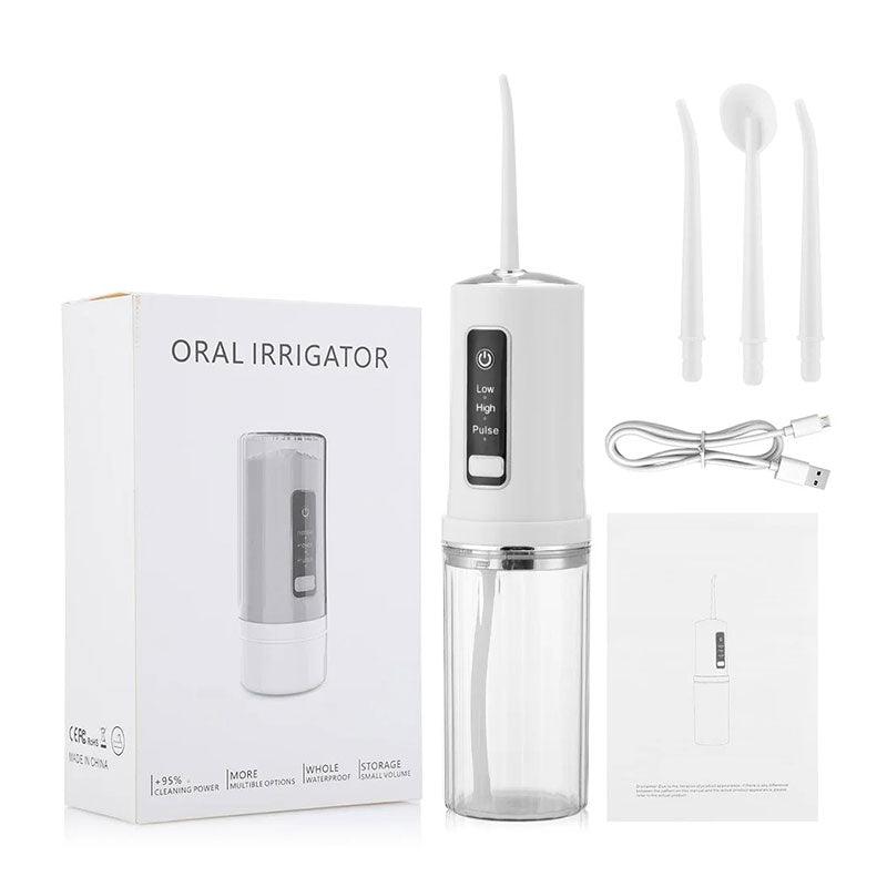 hydropulseur dentaire voyage - Oral Irrigator F35 Blanc - Packaging qui comprend 3 buses, un câble USB et un manuel d'utilisation - MonHydropulseur.fr