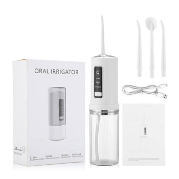 hydropulseur dentaire voyage - Oral Irrigator F35 Blanc - Packaging qui comprend 3 buses, un câble USB et un manuel d'utilisation - MonHydropulseur.fr